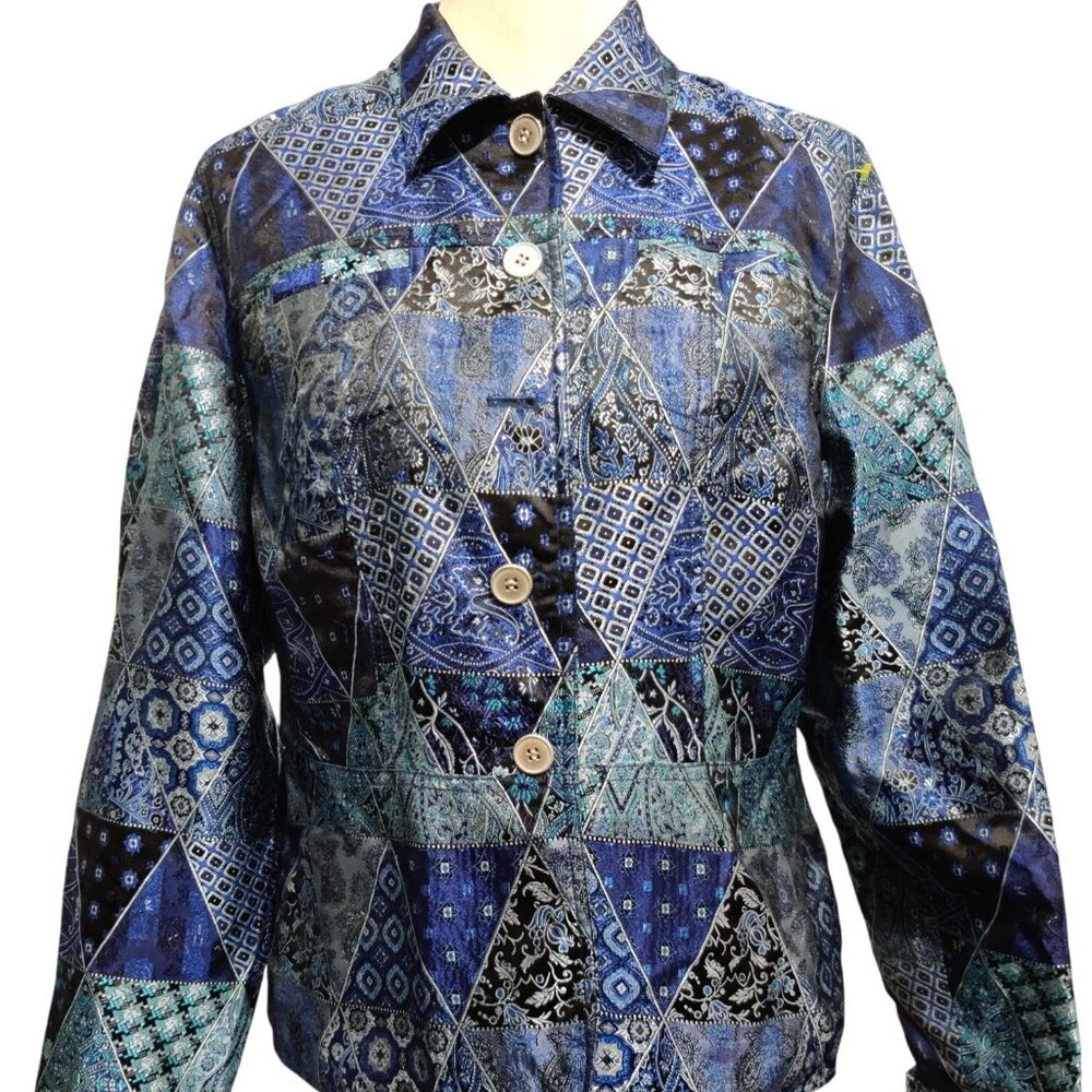 Coldwater Creek M womens vintage patchwork paisley triangle jacket blue silver